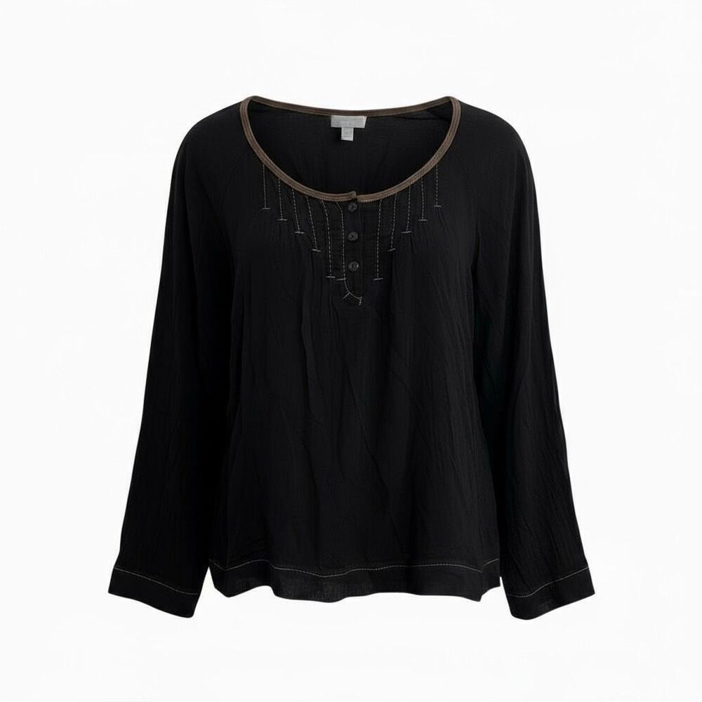 J. Jill Crinkle Quarter Button Rayon Raglan Long Sleeve Blouse Black Small